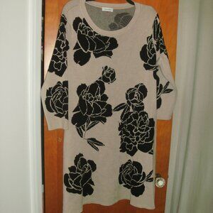 Calvin Klein Flower Print Long Sleeve Sweater Dress Black & Tan size XL